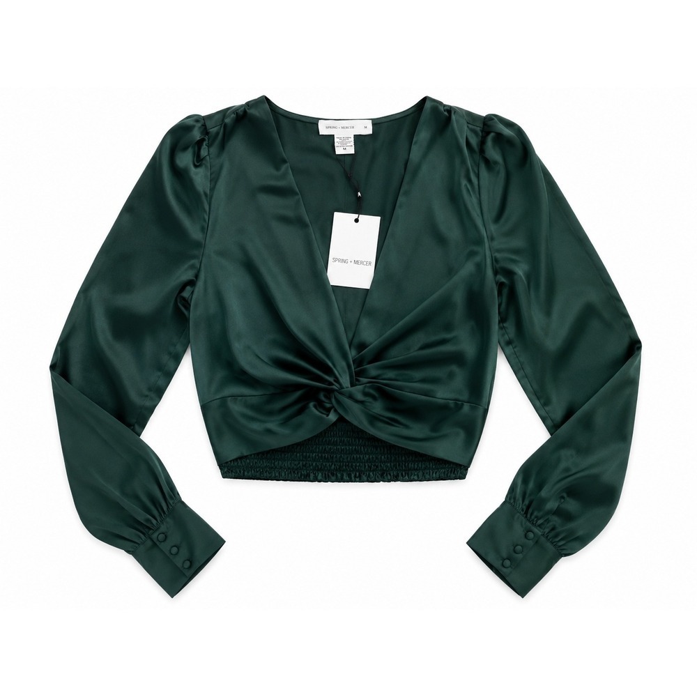 Spring + Mercer Women Green Twist Front Satin Crop Blouse Top XS NWR